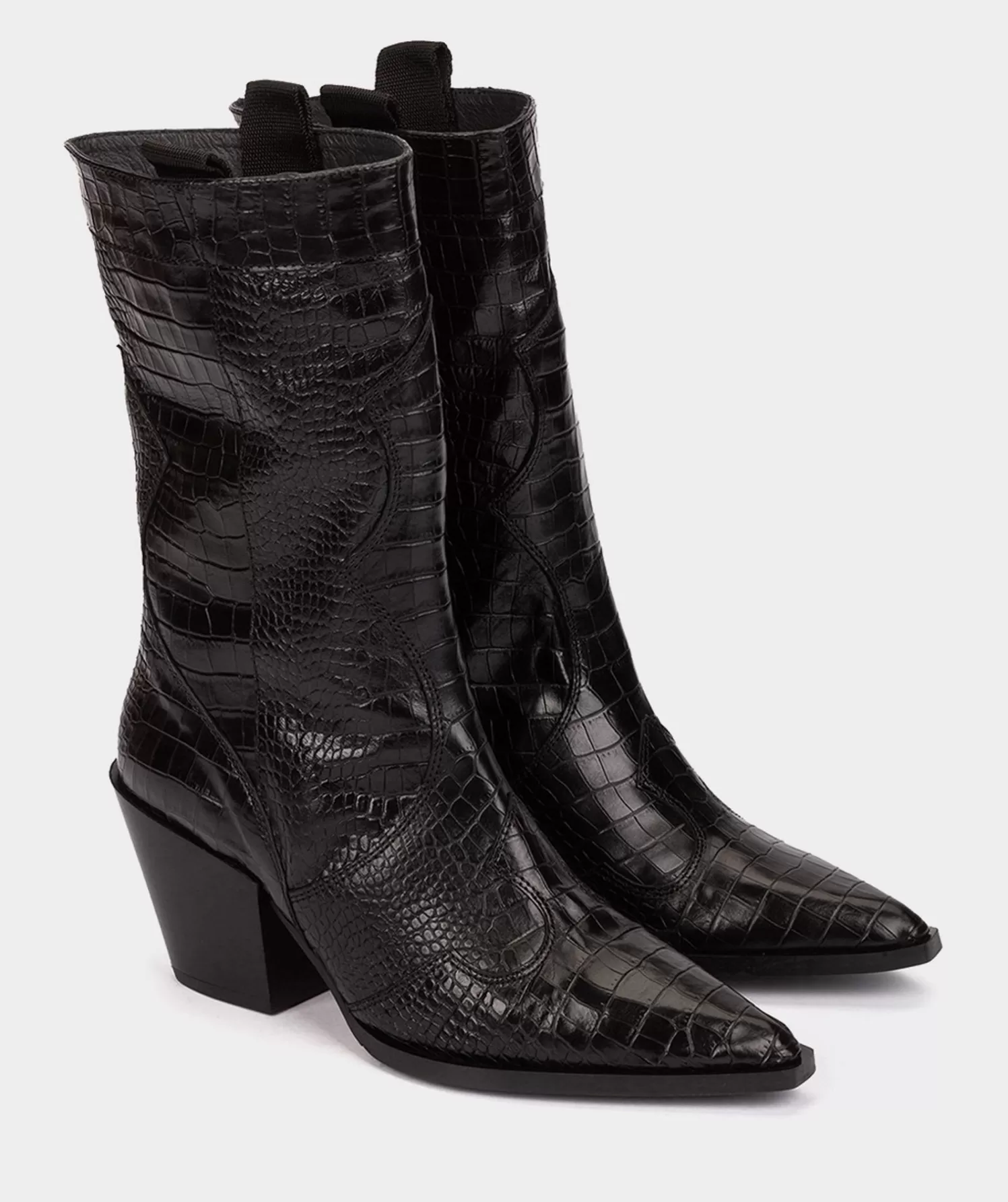 Boots | Pedro Miralles Boots Black Embossed Leather Mid-Calf Boots